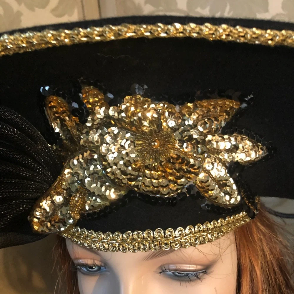 Vintage Couture Wide Brim Black & Gold Hat - Picture 2 of 14